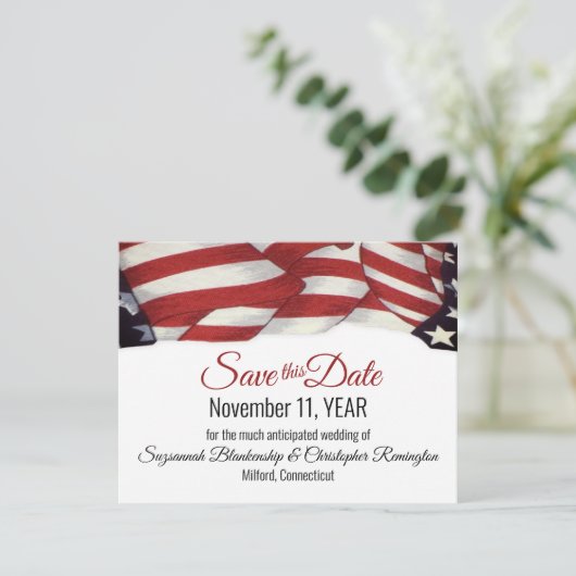Patriottic Bunting Custom Photo Back Save the Date Aankondiging (Staand voorkant)