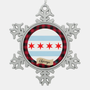 Patriottic Chicago, buffalo plaid, Chicago Flag Tin Sneeuwvlok Ornament