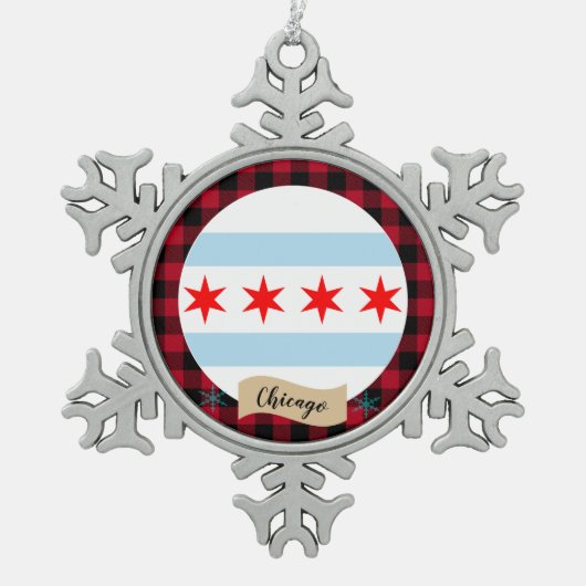 Patriottic Chicago, buffalo plaid, Chicago Flag Tin Sneeuwvlok Ornament (Voorkant)