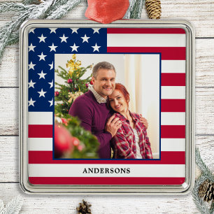 Patriottic Custom Photo American Flag Kerstmis Metalen Ornament