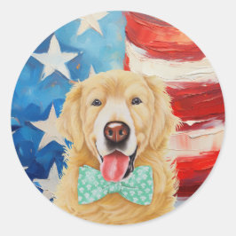 Patriottic Golden Retriever Ronde Sticker