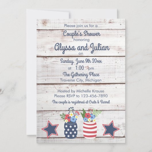 Patriottic Love Rustic 4 juli Couple's Shower Kaart (Voorkant)