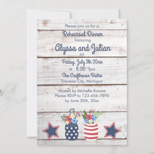 Patriottic Love Rustic, 4 juli Rehearsal Dinner Kaart (Voorkant)
