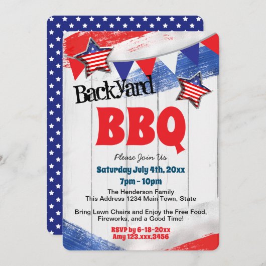 Patriottic Red White Blue Backyard BBQ Uitnodiging (Voorkant / Achterkant)