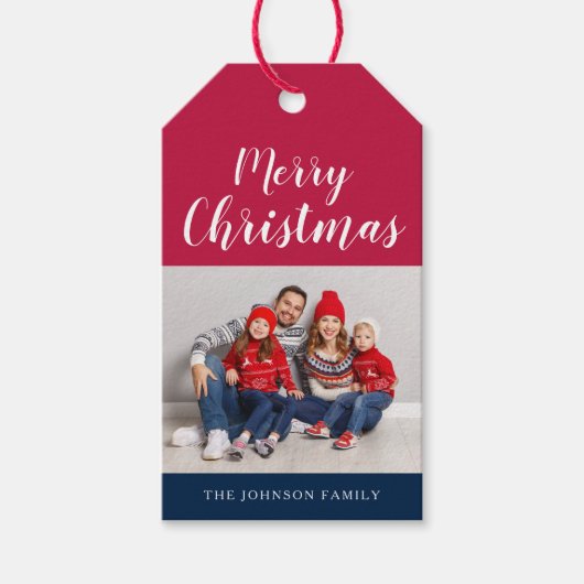 Patriottic Red White Blue Merry-kerstfoto Cadeaulabel (Voorkant)