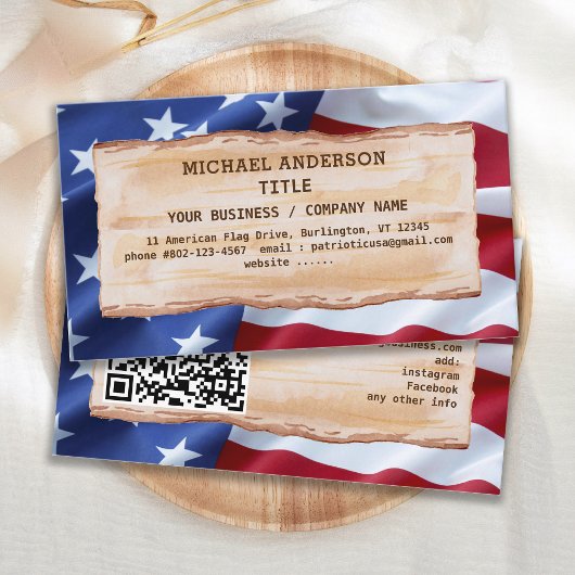 Patriottic Rustic Wood USA American Flag QR Code Visitekaartje