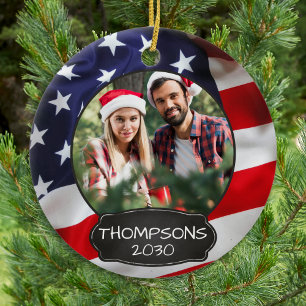 Patriottic USA American Flag Persoonlijk 2 Foto Keramisch Ornament