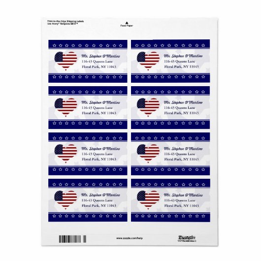 Patriottic USA Heart Flag Custom Shipping Label (Full Sheet)