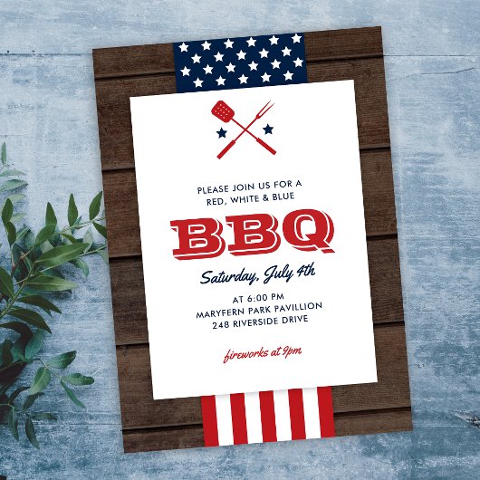 Patriottisch 4 juli BBQ Rustic Wood Uitnodiging