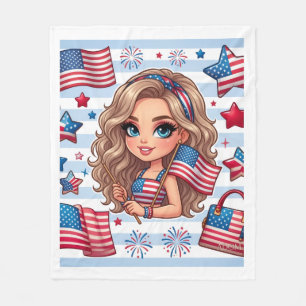 Patriottisch Amerikaans Meisje Met Vlaggen Fleece  Deken