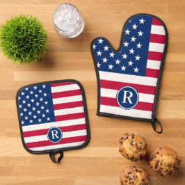 Patriottisch Amerikaans Rood Wit Blauw Aangepast M Ovenwant & Pannenlap Set