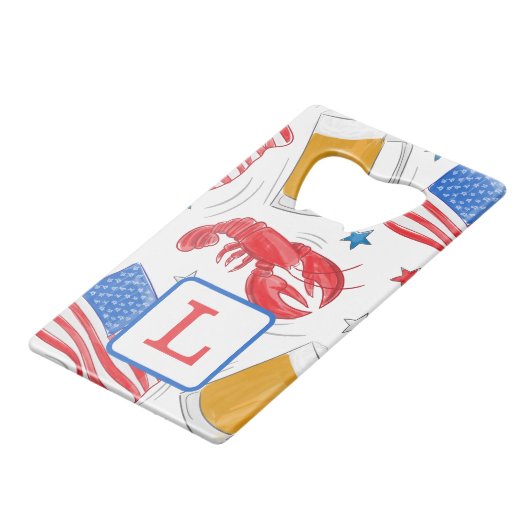 Patriottisch Amerikaans Vlag Ster Kreeft Bier Mono Creditkaart Flessenopener (Voorkant Gekanteld)