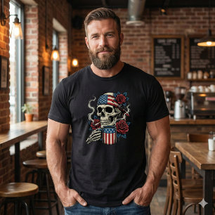 Patriottisch Amerikaanse Schedel Coffee & Roses T- T-shirt