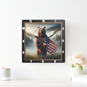 Patriottisch Beer Wildlife Forest Vierkante Klok