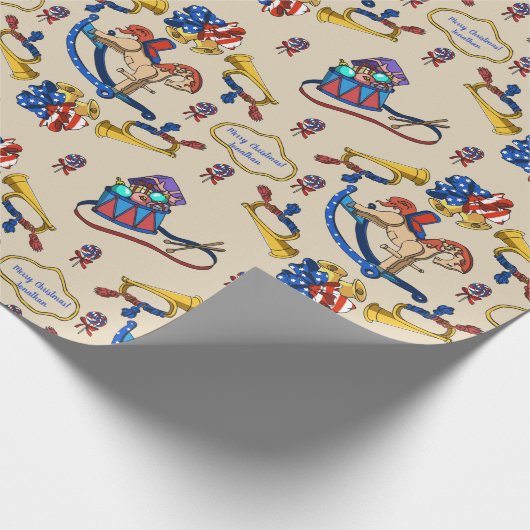 Patriottisch beige Rocking Horse Persoonlijk Patro Cadeaupapier (Hoek)