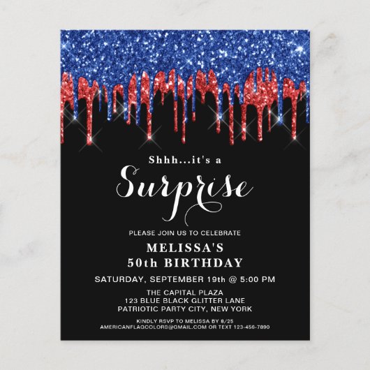 Patriottisch Birthday Red Blue Glitter Surprise In (Voorkant)