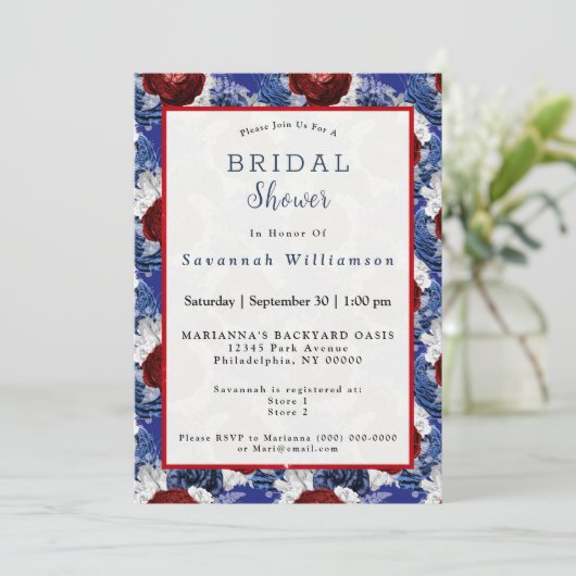 Patriottisch blauw rood Rose Bouquet Vrijgezellenf Kaart (Staand voorkant)