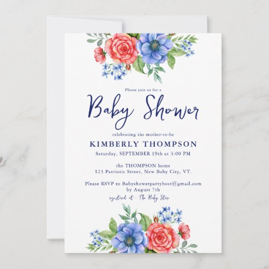 Patriottisch Bloemenrood Wit Blauw Baby shower Kaart (Voorkant)