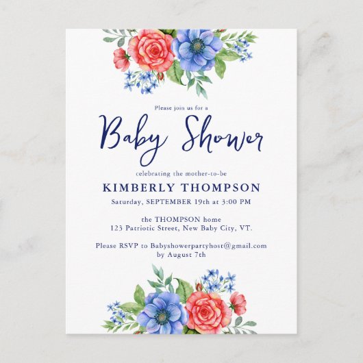 Patriottisch Bloemenrood Wit Blauw Baby shower Uitnodiging Briefkaart (Voorkant)
