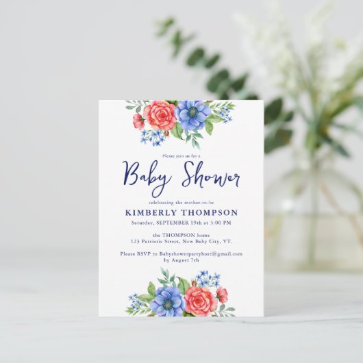 Patriottisch Bloemenrood Wit Blauw Baby shower Uitnodiging Briefkaart (Staand voorkant)