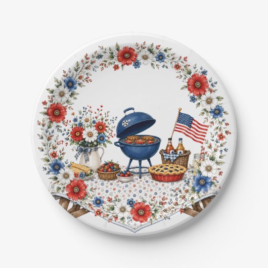 Patriottisch bloemig Memorial Day BBQ Papieren Bordje (Voorkant)