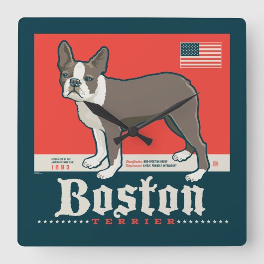 patriottisch | Boston Terrier Vierkante Klok (Voorkant)