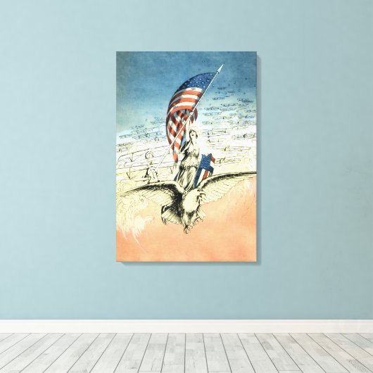 Patriottisch, dame, Eagle met Amerikaanse vlag Canvas Afdruk (Insitu (Houten vloer))