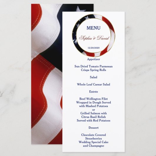 Patriottisch, Elegant USA Flag Gold Wedding Menu (Voorkant / Achterkant)
