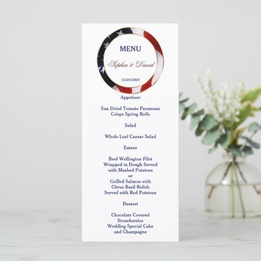 Patriottisch, Elegant USA Flag Gold Wedding Menu (Staand voorkant)