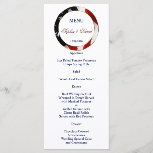 Patriottisch, Elegant USA Flag Gold Wedding Menu (Voorkant)