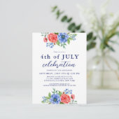 Patriottisch Floral Red White Blue 4 juli Uitnodiging Briefkaart (Staand voorkant)
