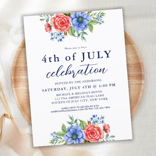 Patriottisch Floral Red White Blue 4 juli Uitnodiging Briefkaart