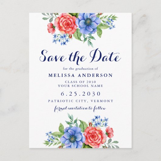 Patriottisch Floral Red White Blue Party Afstudere Briefkaart (Voorkant)
