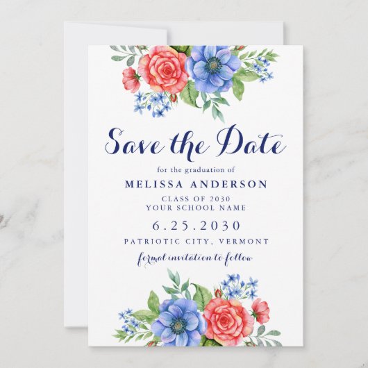 Patriottisch Floral Red White Blue Party Afstudere Save The Date (Voorkant)