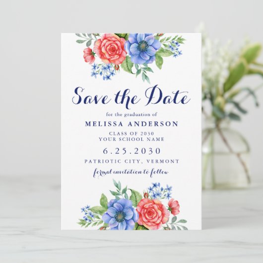 Patriottisch Floral Red White Blue Party Afstudere Save The Date (Staand voorkant)