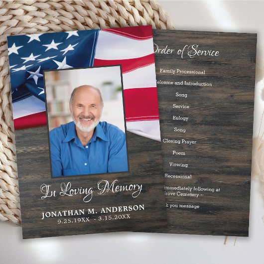 Patriottisch Funeral American Flag Veteran Memoria Programmakaart
