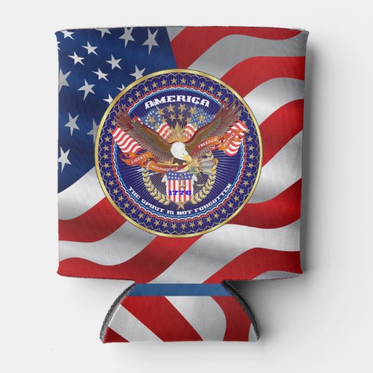 Patriottisch gedimd. 3 inch (diameter), hoogte van blikjeskoeler (Voorkant)