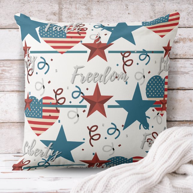 Patriottisch geloof, vrijheid en vrijheid kussen (Faith, Freedom and Liberty Retro Patriotic Throw Pillow)