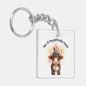 Patriottisch gezicht chagrijnige hoogland koe sleutelhanger (Voorkant Links)