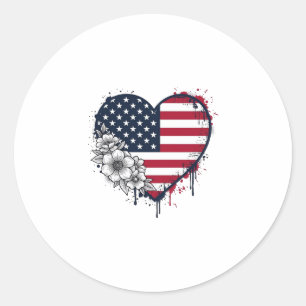 Patriottisch Hart Bloemig Vintage Gravure Ontwerp_ Ronde Sticker