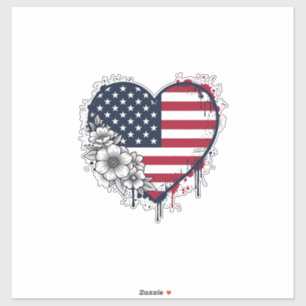 Patriottisch Hart Bloemig Vintage Gravure Ontwerp_ Sticker
