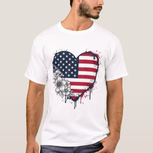 Patriottisch Hart Bloemrijk Vintage Gravure Ontwer T-shirt