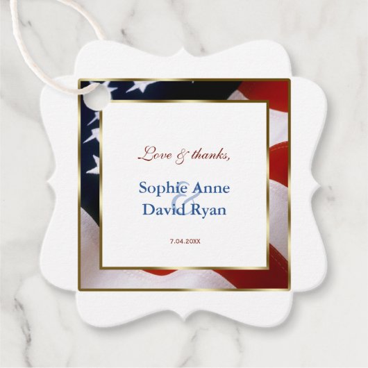 Patriottisch, legant USA Flag Gold Lijst Wedding Bedankjes Labels (Voorkant)