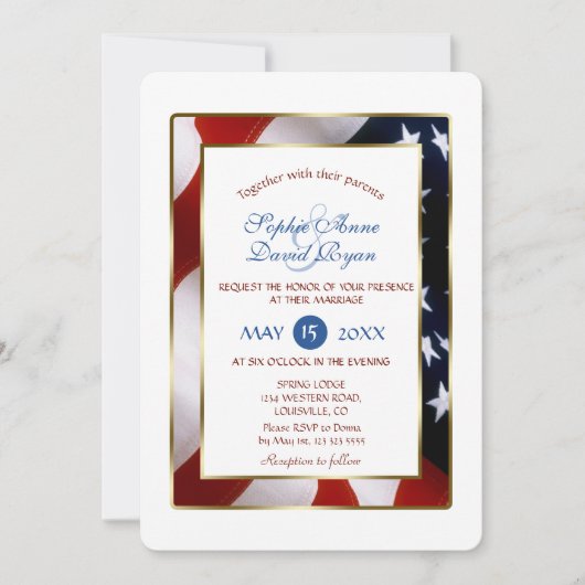 Patriottisch, legant USA Flag Gold Lijst Wedding Kaart (Voorkant)