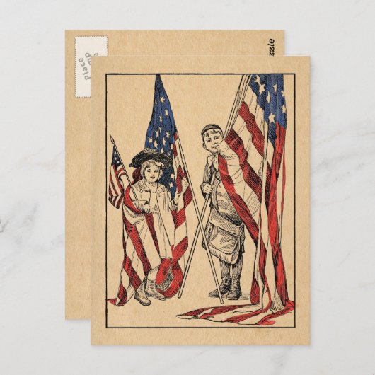 patriottisch meisje en jongen met Amerikaanse vla Briefkaart (Voorkant / Achterkant)
