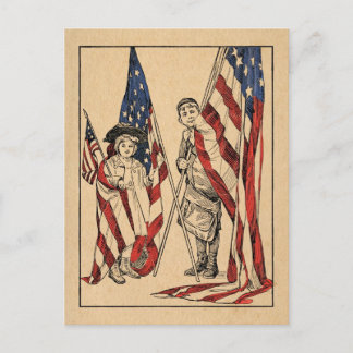  patriottisch meisje en jongen met Amerikaanse vla Briefkaart