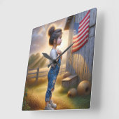 Patriottisch meisje met Amerikaanse vlag Vierkante Klok (Hoek)