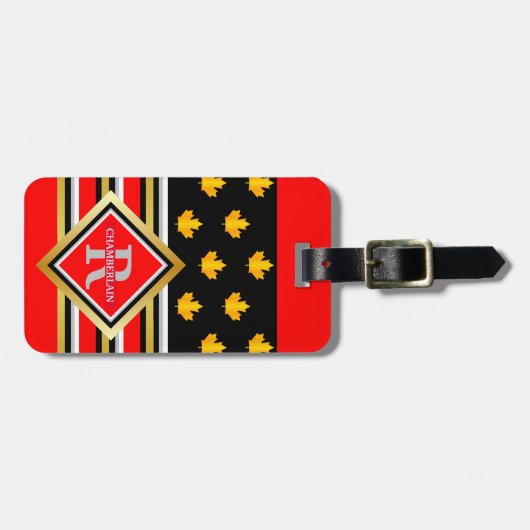 Patriottisch monogram Faux Gold Maple Red en Black Bagagelabel (Voorkant horizontaal)