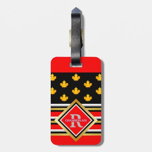 Patriottisch monogram Faux Gold Maple Red en Black Bagagelabel (Achterkant verticaal)
