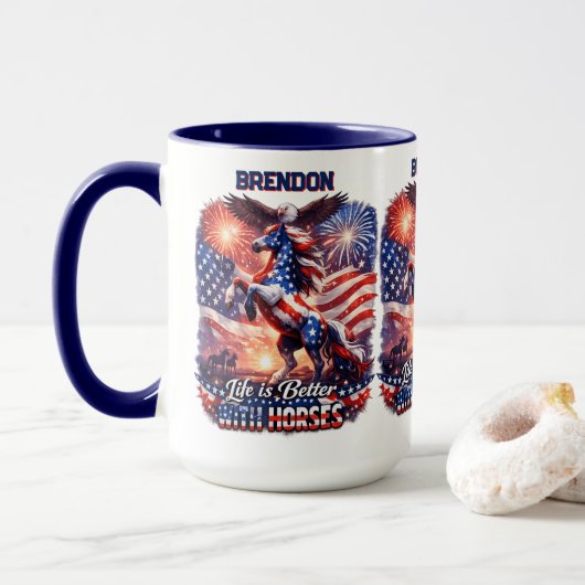Patriottisch Paard Amerikaanse Vlag Zonsondergang Mok (Met donut)